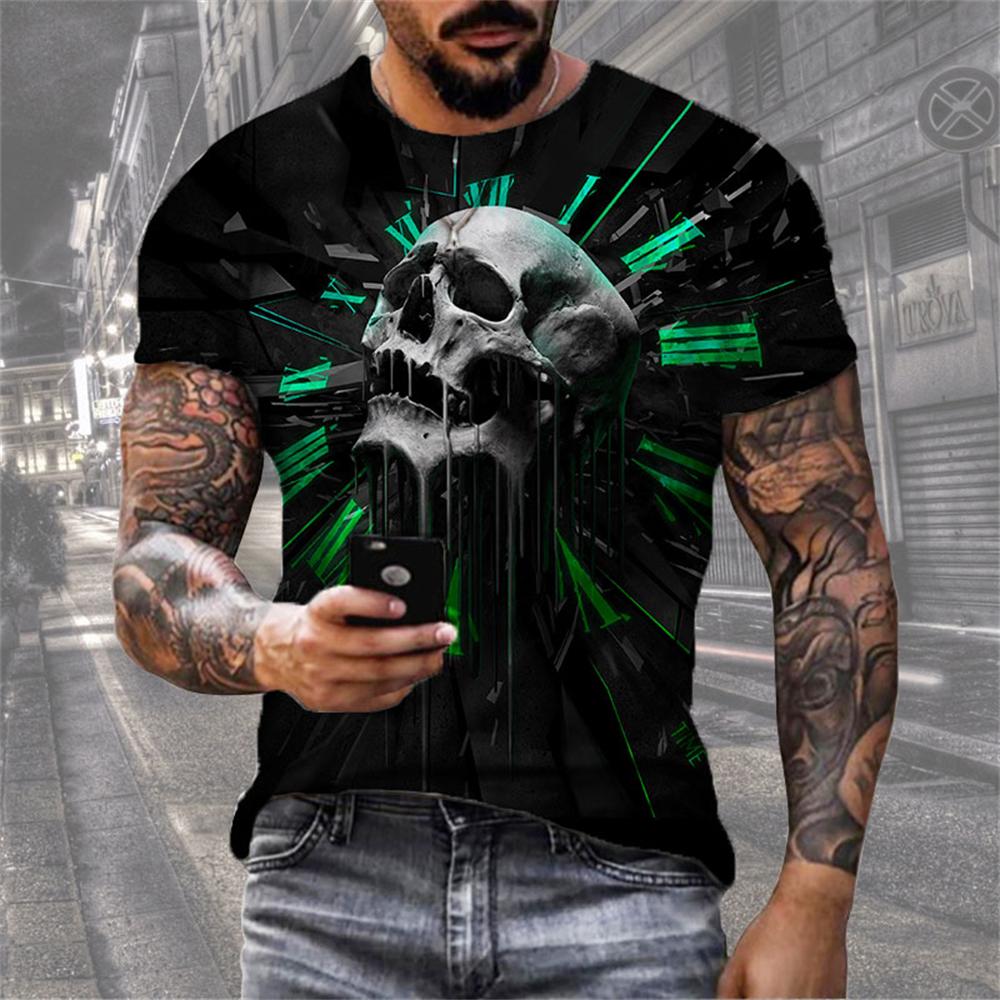 New Men's T-Shirts 3D Skull Printed Black Streetwear Short Sleeve Round-Neck Horror Halloween Man Tops Loose Fashion Gothic Tees