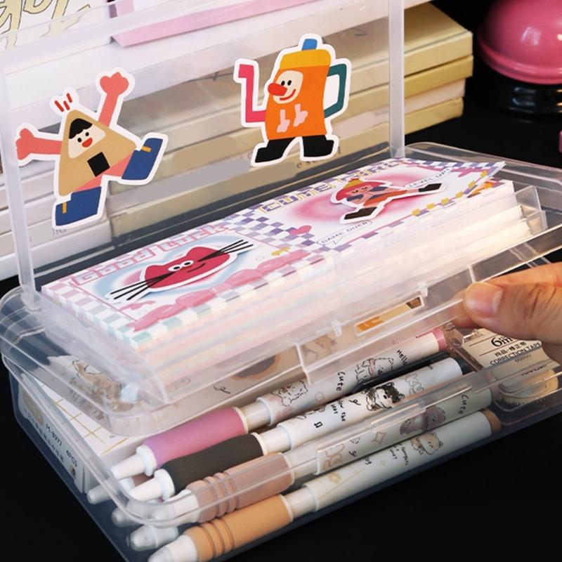 High Capacity Pencil Case Double Layer Pen Storage Box Portable Pen Organizers Clear Colored Pencil Case for Kid Student