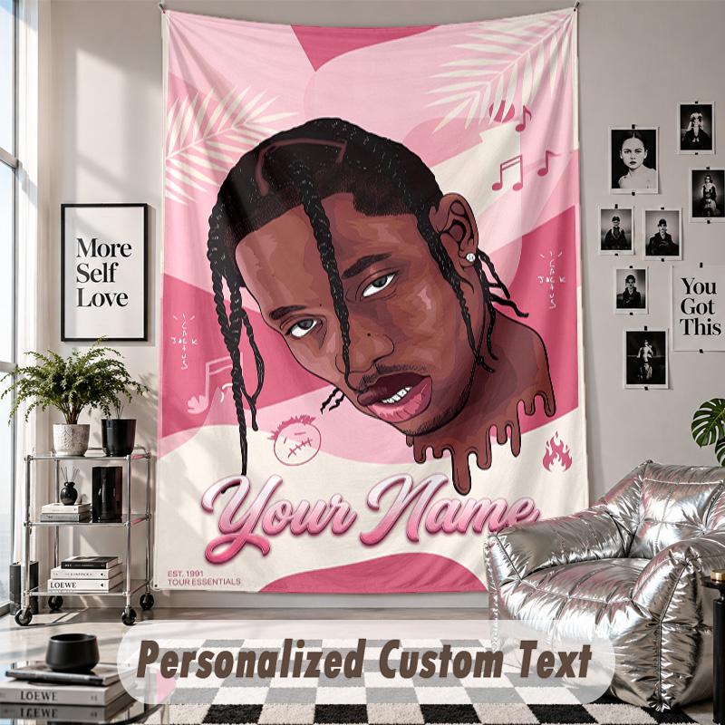 Wall Hanging Tapestry With Custom Name & Text, Travis Scott Decorative Tapestry For Bedroom