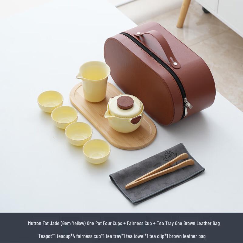 LISM Ceramic Travel Tea Set with Mutton-fat Jade Style Pot