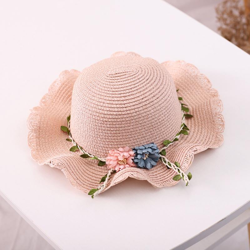 

Детская соломенная шляпа Детская шляпа от солнца Шляпа для девочки Цветочное украшение Панама Пляжные шляпы розовый