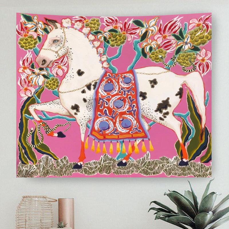 Retro Rose Red Horse MidCentury Vintage Steed Tapestry Wall Hanging Light Luxury Decor for Bedroom  Living Room 74x94cm(29x37in)