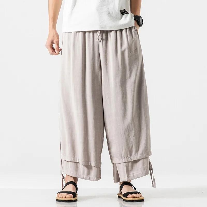 

2025 Мужские Свободные Прямые Хлопково-Льняные Брюки с Широкими Штанинами Мужские Женские Брюки в Китайском Стиле Двухслойные Драпированные Брюки-Юбка Ханфу XXXL серый