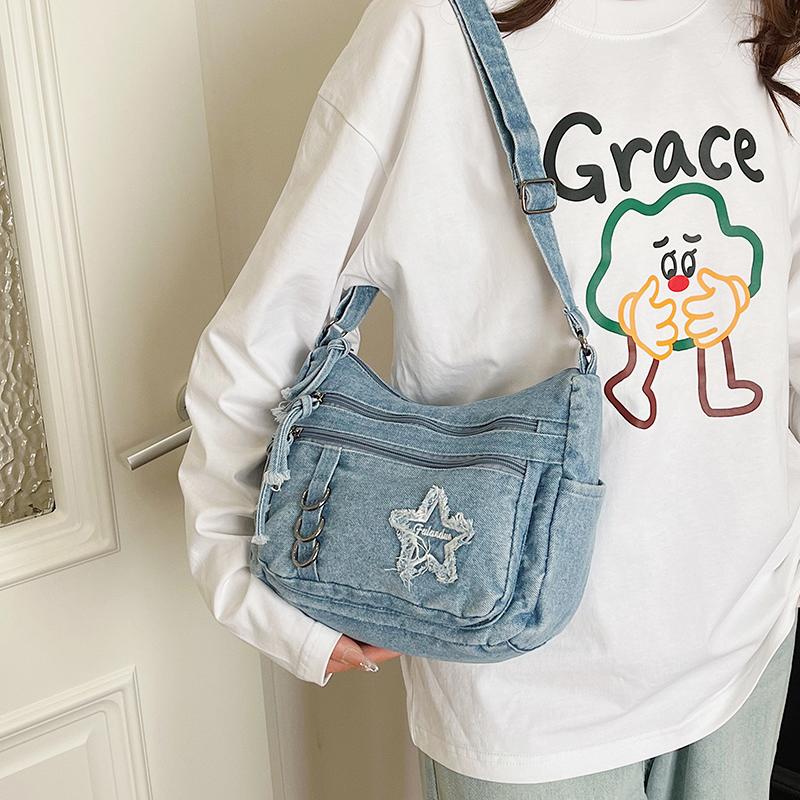 Denim Bag Multi-zipper Retro Crossbody Bag Middle-aged Mother Bag