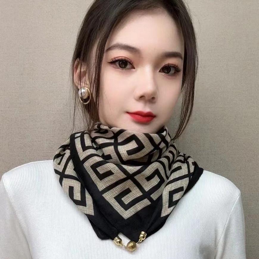 Women's Silk Magnetic Buckle Scarf: Versatile Square Scarf, Cotton Linen Neck Protector, All-Match Triangle Pendant Scarf Necklace.