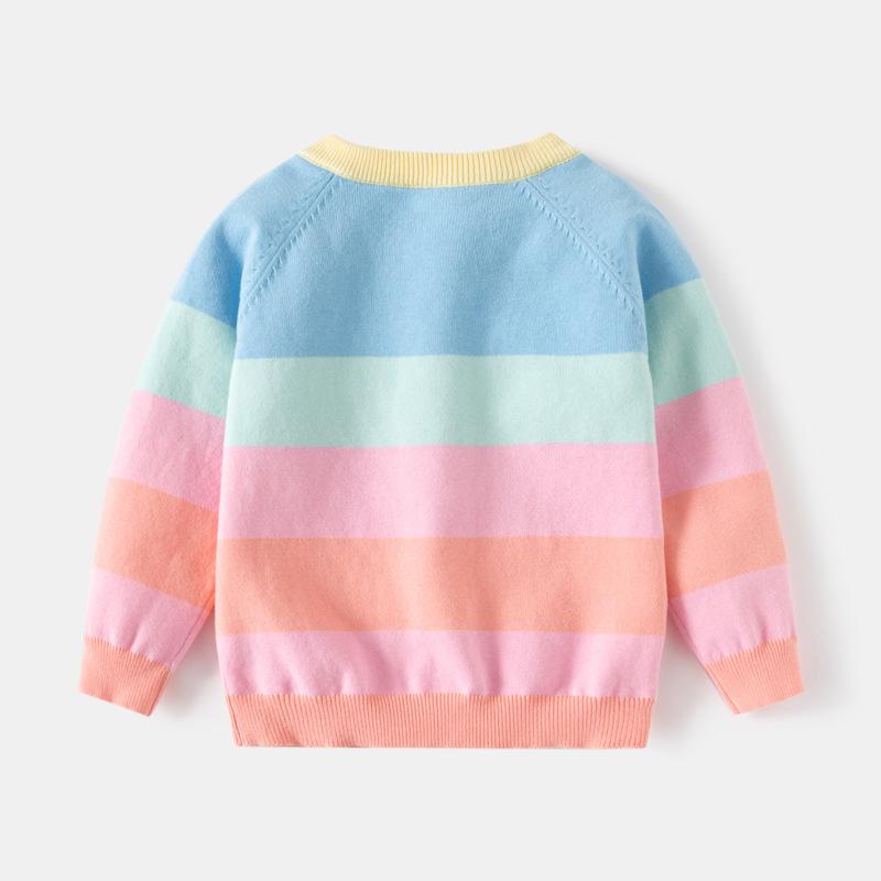 Girls' Rainbow Strip Sweater Spring Children's Sweet Knit Cardigan Sweater