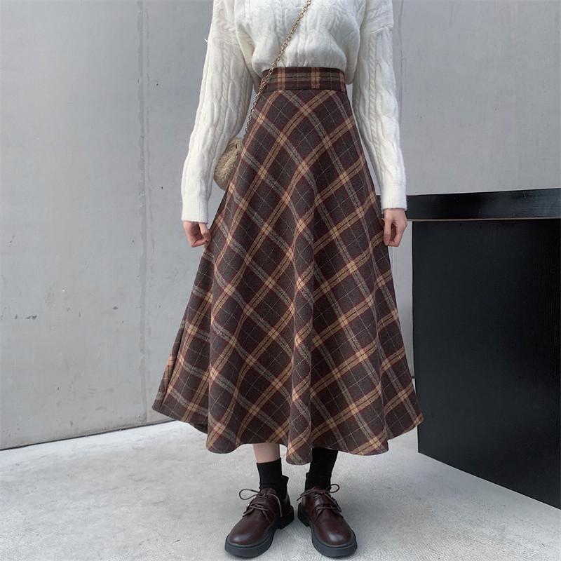Women s Plus Size Korean Style Thickened Red Wool High Waist Plaid Skirt M