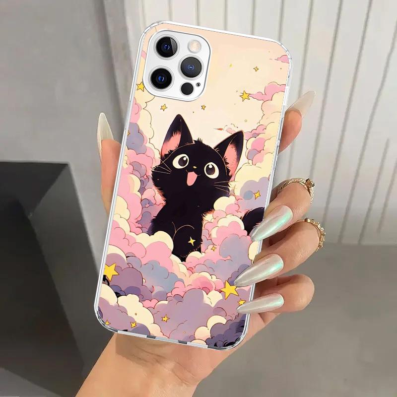 Anime Cute Black Cat Meow Phone Case for Iphone 17 Air 16 15 Plus 14 13 Mini 12 11 Pro Max 16E 7 8 SE 2020 Soft Funda Print Shel