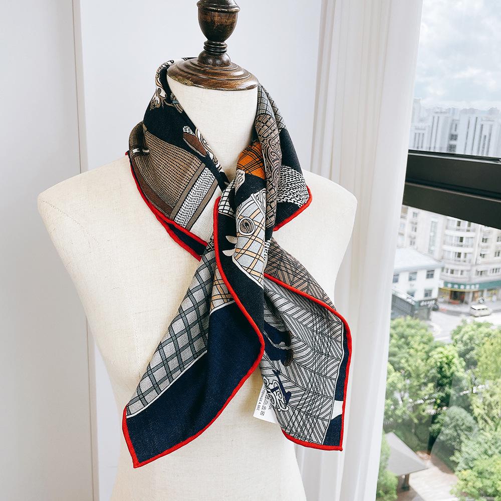 Orange Double-Sided Medium Square Scarf - European & American Style, 70cm Silk Wool Blend, Perfect for Outerwear & Live Stream Fashion.