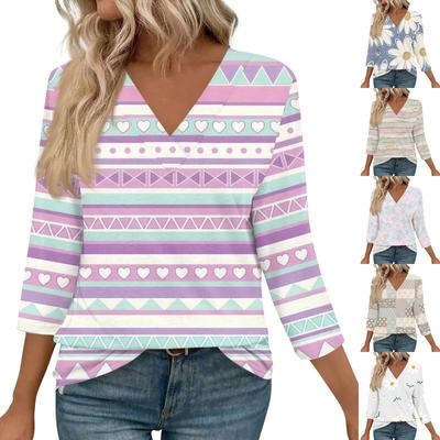 Damen 3/4 Ärmel Shirts V Ausschnitt Print Tops Casual Tops Basic Tees Bluse Lockere Oberteile