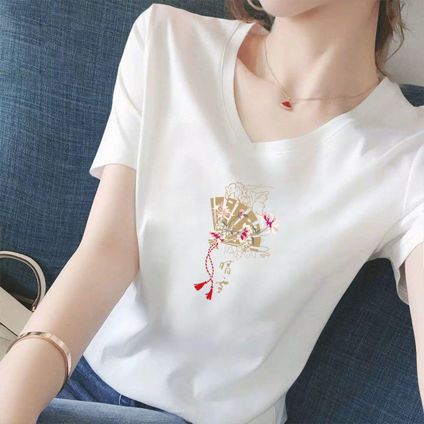 New 2026 Trendy Women s V-Neck Short-Sleeve Loose Fit Letter Print White T-Shirt S