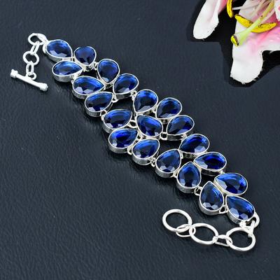 London Blue Topaz Gemstone Handmade 925 Sterling Silver Bracelet 7-8" KG-384