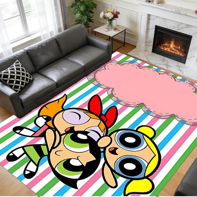 Anti‑Slip Crystal Velvet Floor Rug, The Powerpuff Girls Design Carpet for Indoor Living Bedroom Home Decoration