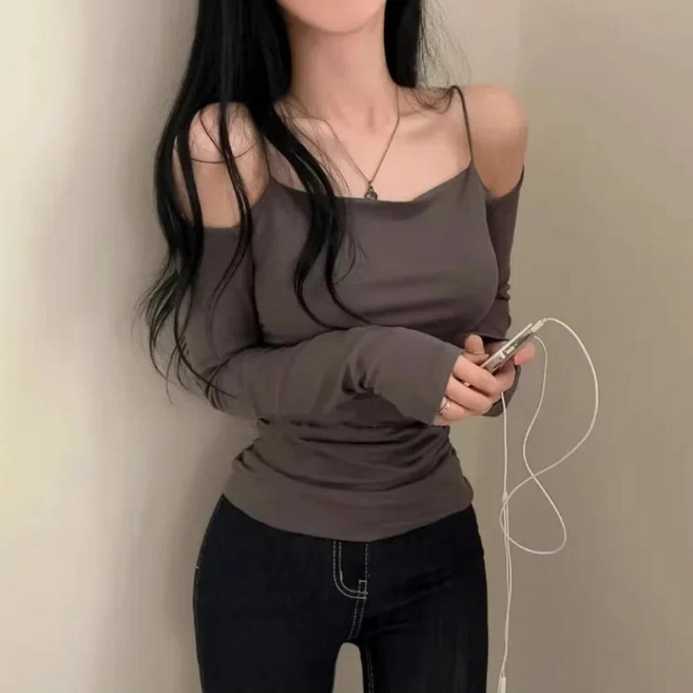 Korea New Style Pure Desire Sexy Off-The-Shoulder Two-Piece Illusionslims Women's Long Sleeve T-Shirt Versatile Smoot
