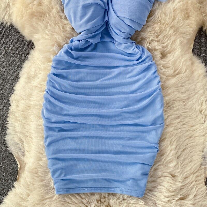 Sexy Short Sleeved High Waist Slimming Pleated Square Collar Wrapped Hip Dress