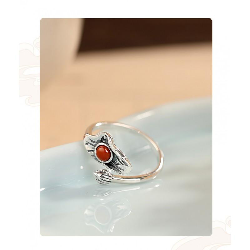 Adjustable Copper Ring With Natural Red Agate Lotus Flower Design Vintage Boho Statement Finger Women