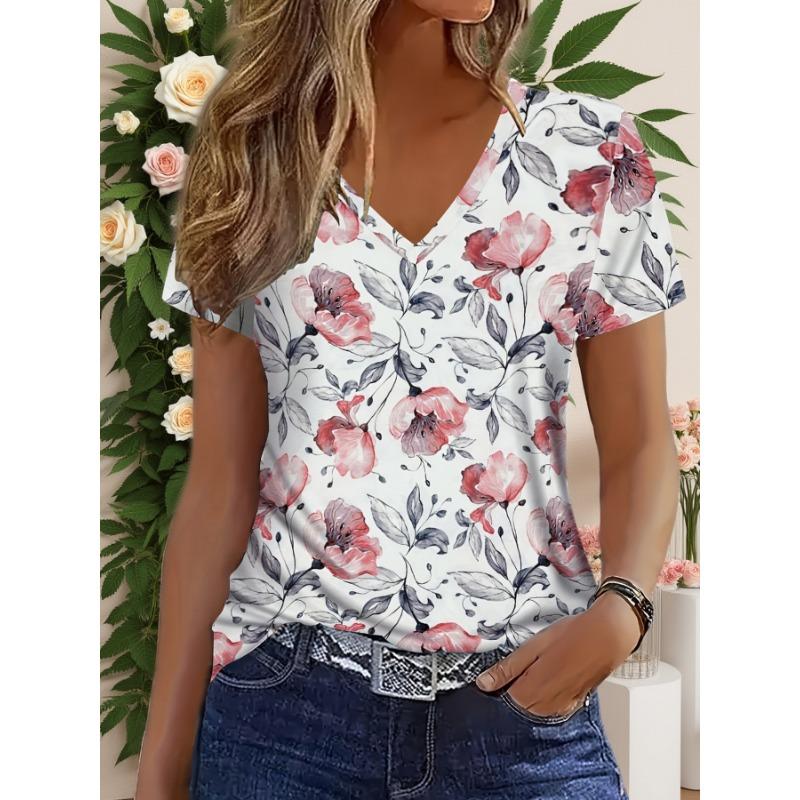 

Elegant Vacation Abstract Painting Gradient Plant Flower Graphic Full-Body Print Breathable V-Neck Short Sleeve T-Shirt S