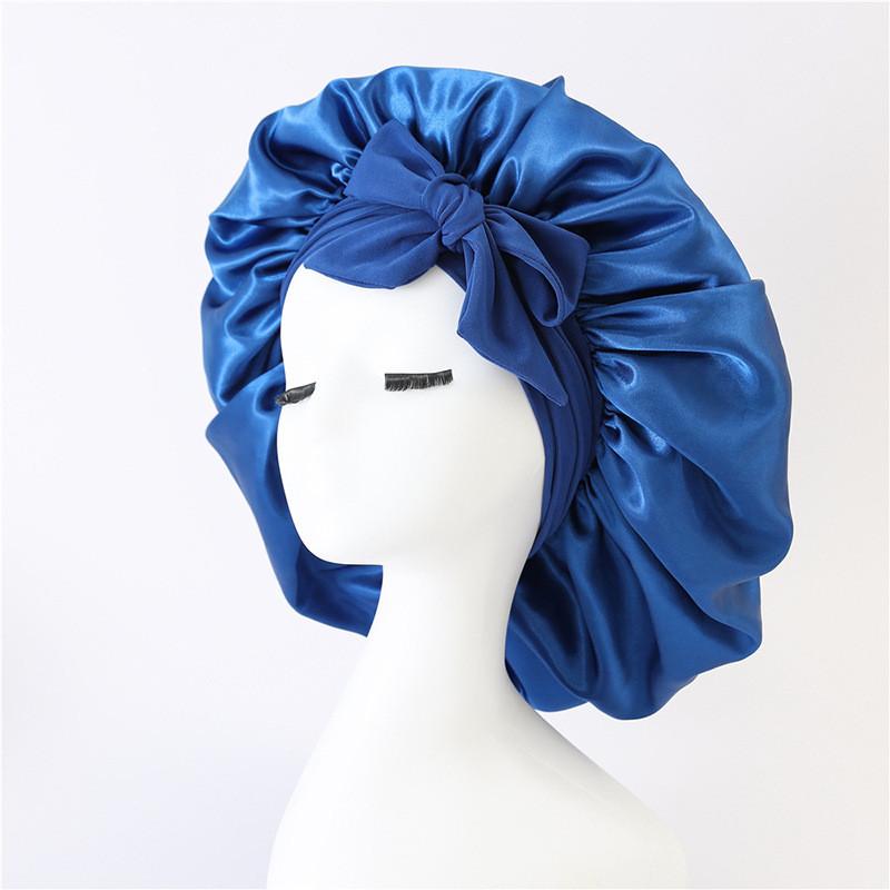 

Waterproof Multicolored Satin Shower Cap With Bow Decor For Home Gym And Sapphire