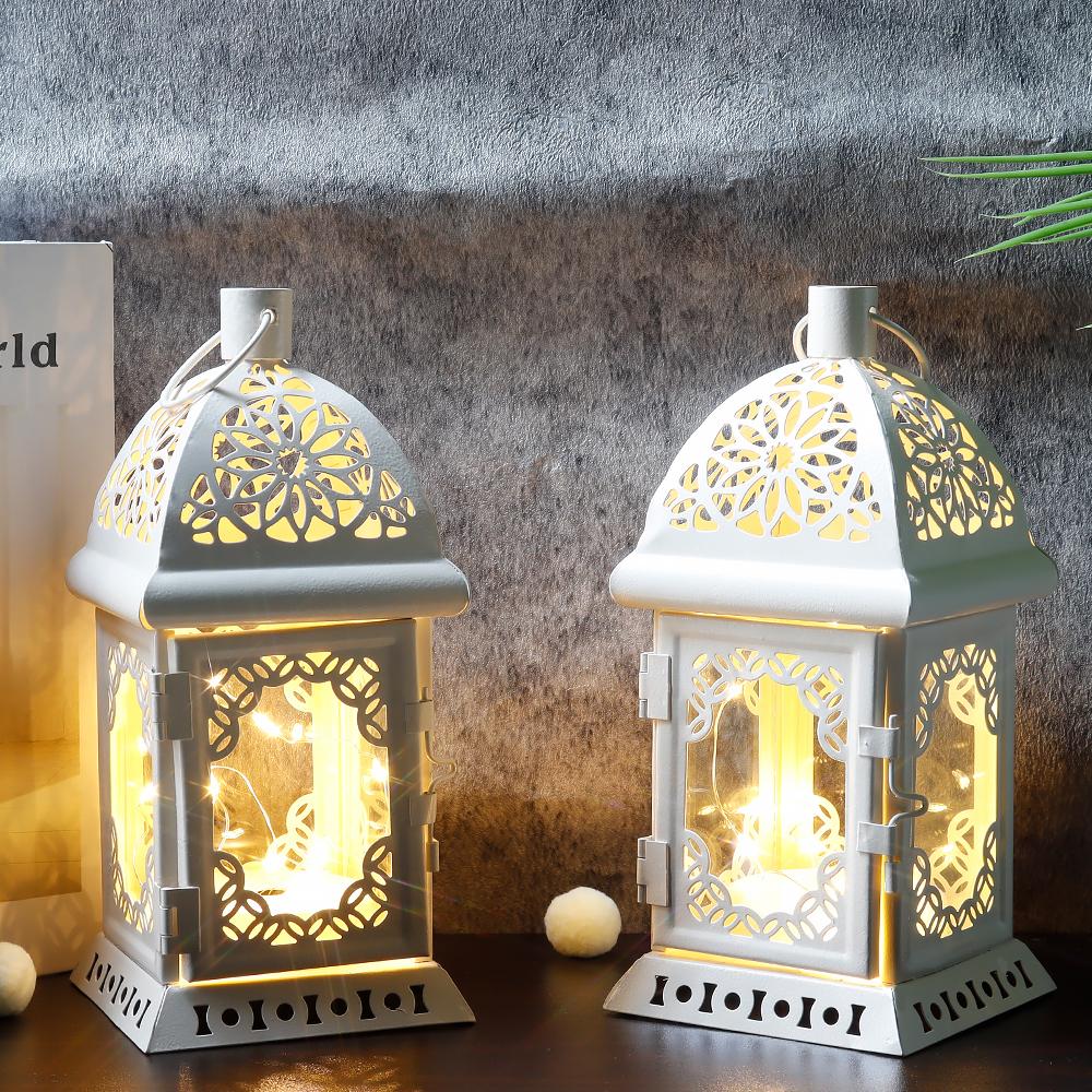 2Pcs Vintage Candle Holder Lantern Retro Metal Candle Lantern White Hanging Lantern with LED Fairy Light for Tabletop Home Decor
