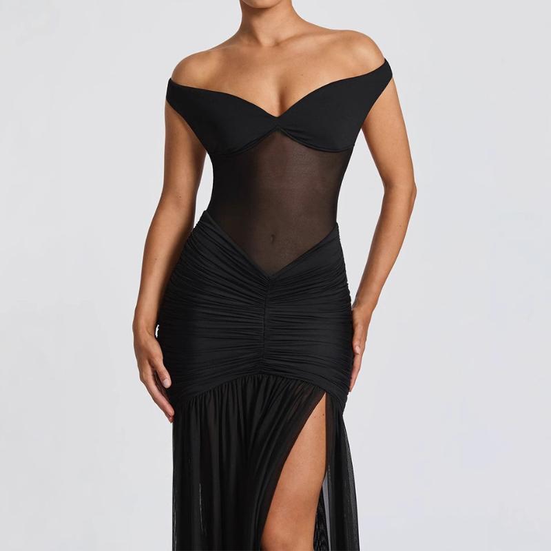 European and American summer sexy V-neck see through backless temperament slit dress