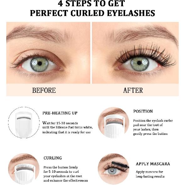 Heated Eyelash Curler Premium PRO - Fast Heat up in 8s - 24 Hours Long Lasting - Rechargeable Electric Eyelash Curler with Type-C, Innovative L