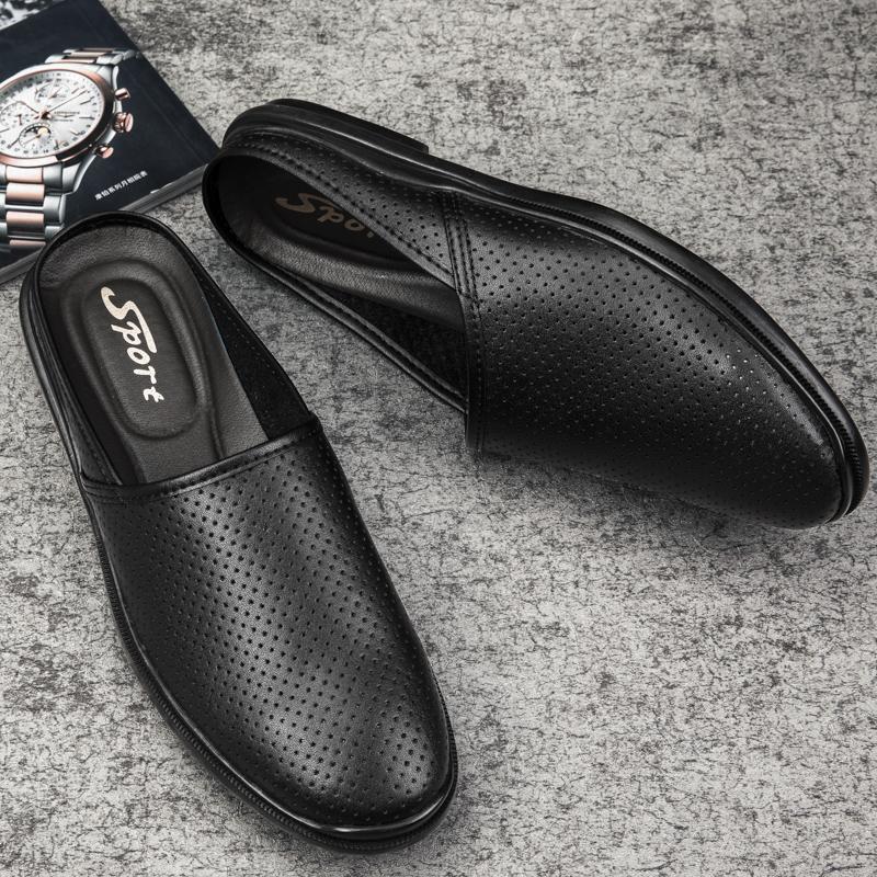 High Quality Half Shoes For Men Casual Hollow Breathable Summer Slippers Genuine Leather Mens Shoes Slip-On Flip Flops Loafers