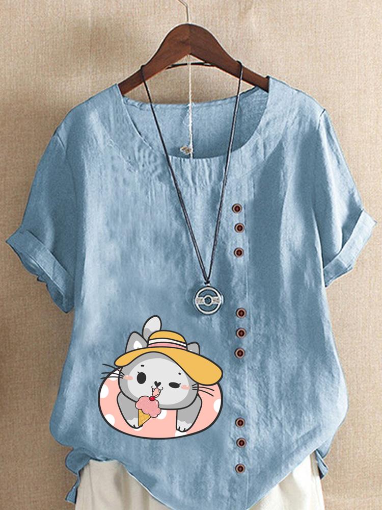 Women's Fashion Cat Print Shot Sleeve T-shirt Loose Cotton Shirt Casual Loose Summer Blouse Tops Plus Size