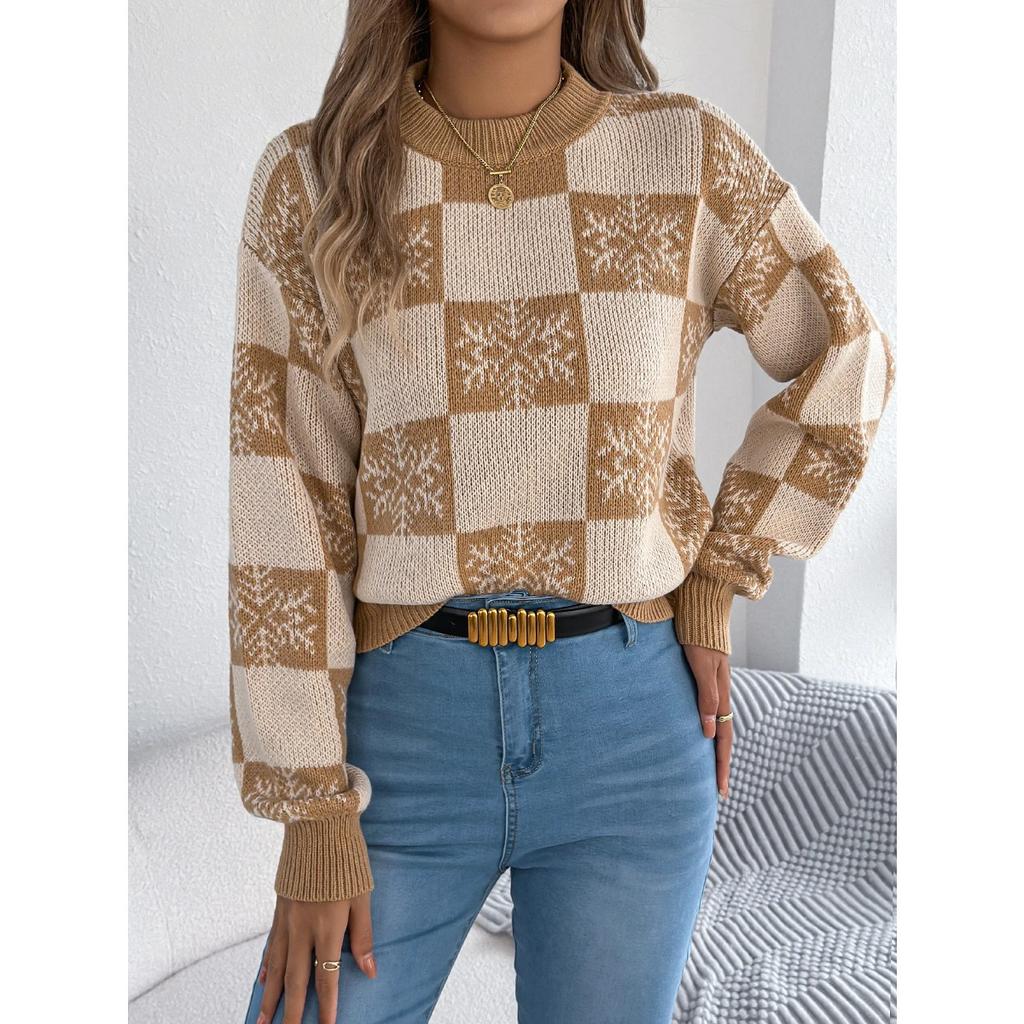 Autumn Winter Snowflake Checkered Knitted Sweaters Lantern Pullover Sweater Women's Christmas Sweater