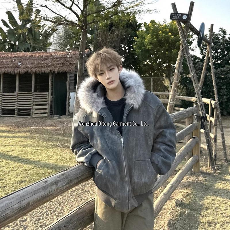 Unisex American Design Ink-Dyed Hooded Jacket with Fur Collar and Cotton Padding for 2025 Autumn/Winter.