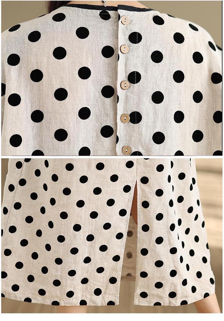 2026 Polka Dot Cotton & Linen Summer Dress: Women's Casual Slim-Fit Mid-Length