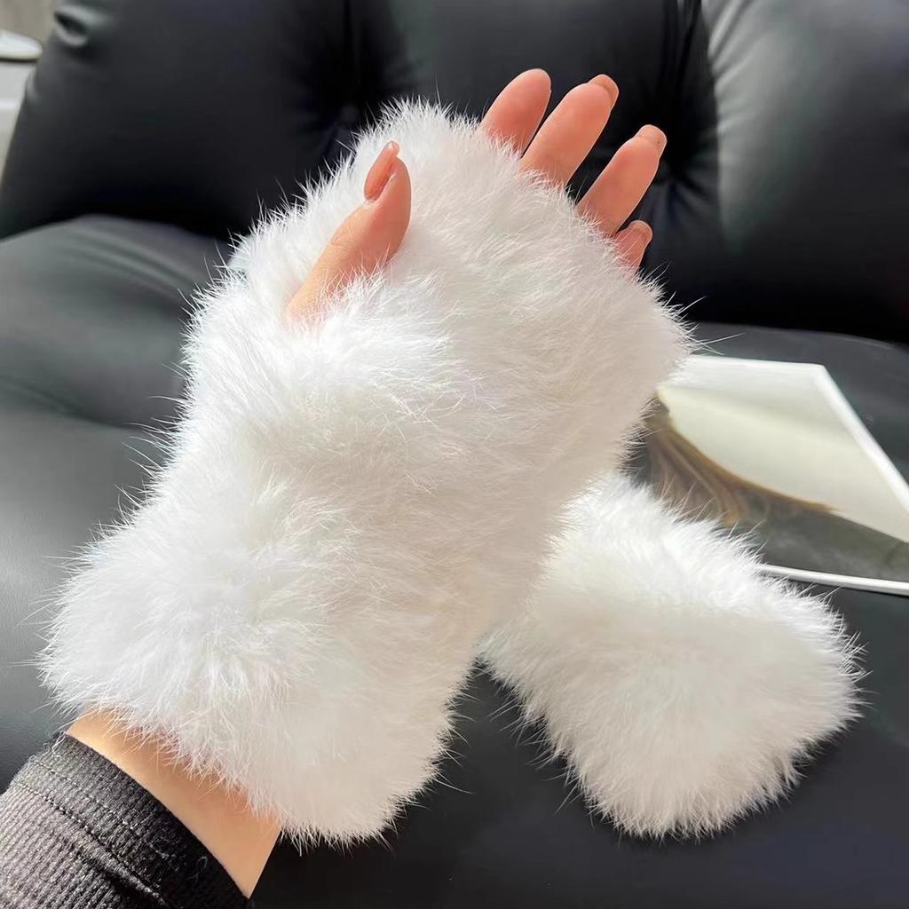 Winter Real Rabbit Fur Gloves Cute Plush Thickened Plush Warm Half-finger Gloves Elastic Women