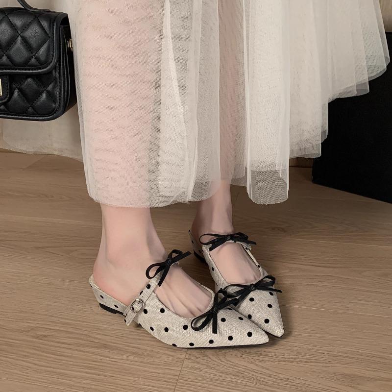Polka dot bow pointed head bag head half slippers women's spring and summer outer wear feeling wedge heel single shoes