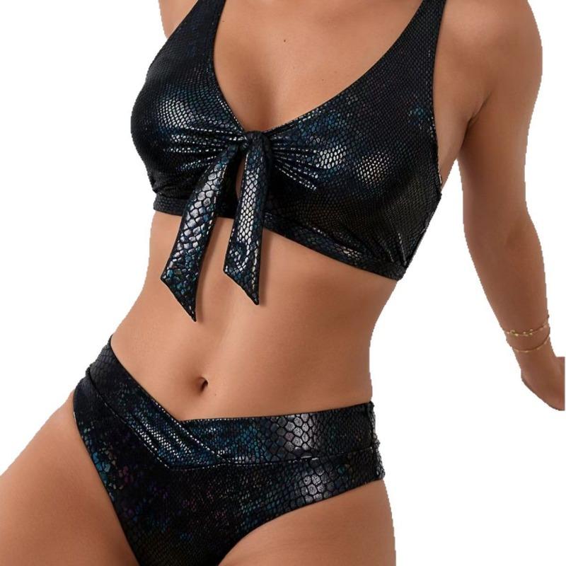 Dámský duhový hadí potisk s vázáním vpředu, vysoký pas, dvoudílná plavková sada, bikiny s výstřihem do V