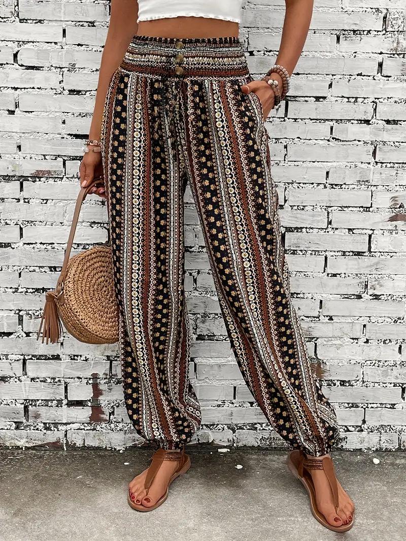 Women s High Waist Smocked Elastic Waist Jogger Pants Boho Printed Harem Trousers S