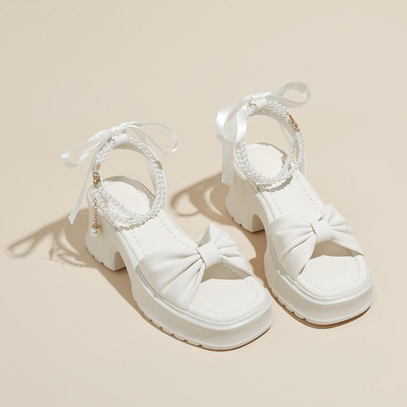 

Beautiful Japanese sweet bow thick sole 6cm height-increasing women s sandals summer with skirt thick heel with sandals 34