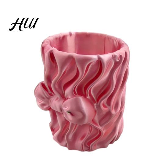 3D Printed Pencil Holder Silk Texture Pen Holder, Desk Organizer for Brushes Stationery And Brushed Cup Makeup Brushes, Ribbon Design Large