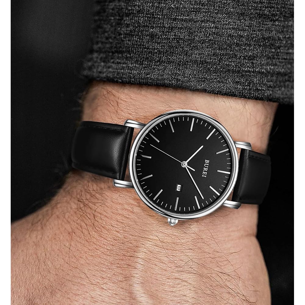BUREI Men's Simple Stylish Watch Leather Band Slim Design Timepiece