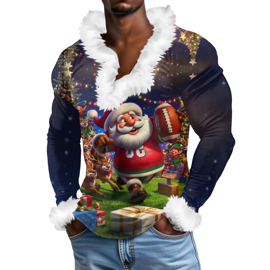 Herren Lässiges Weihnachten Bedrucktes Plüsch V-Ausschnitt und Fleece Langarm-Sweatshirt