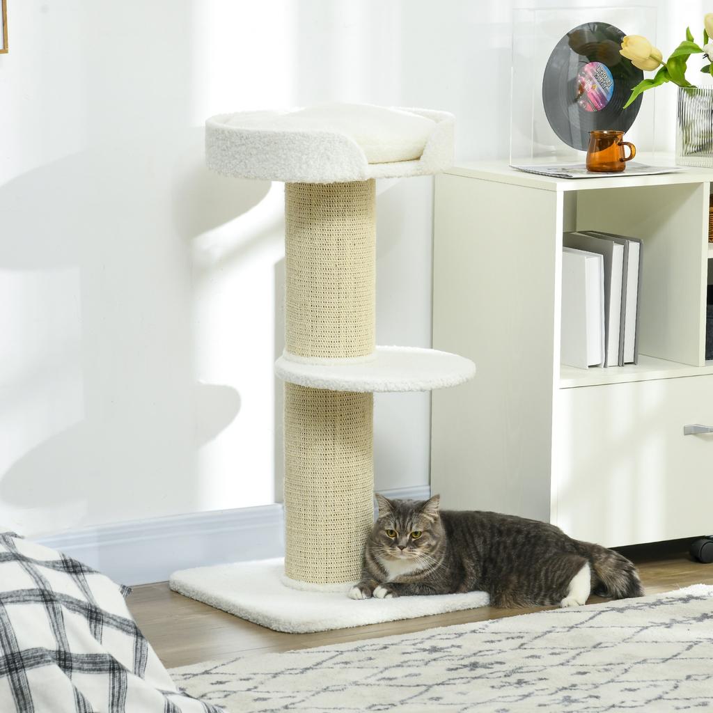 2 Tier Sisal Sherpa Cat Tree with Basket Cushion Sisal Post Cream White