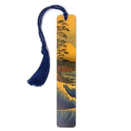 Mount Fuji Japanese Art Hokusai Wood Bookmark Landscape Design Handmade Blue University-style Chenille Tassel Made America