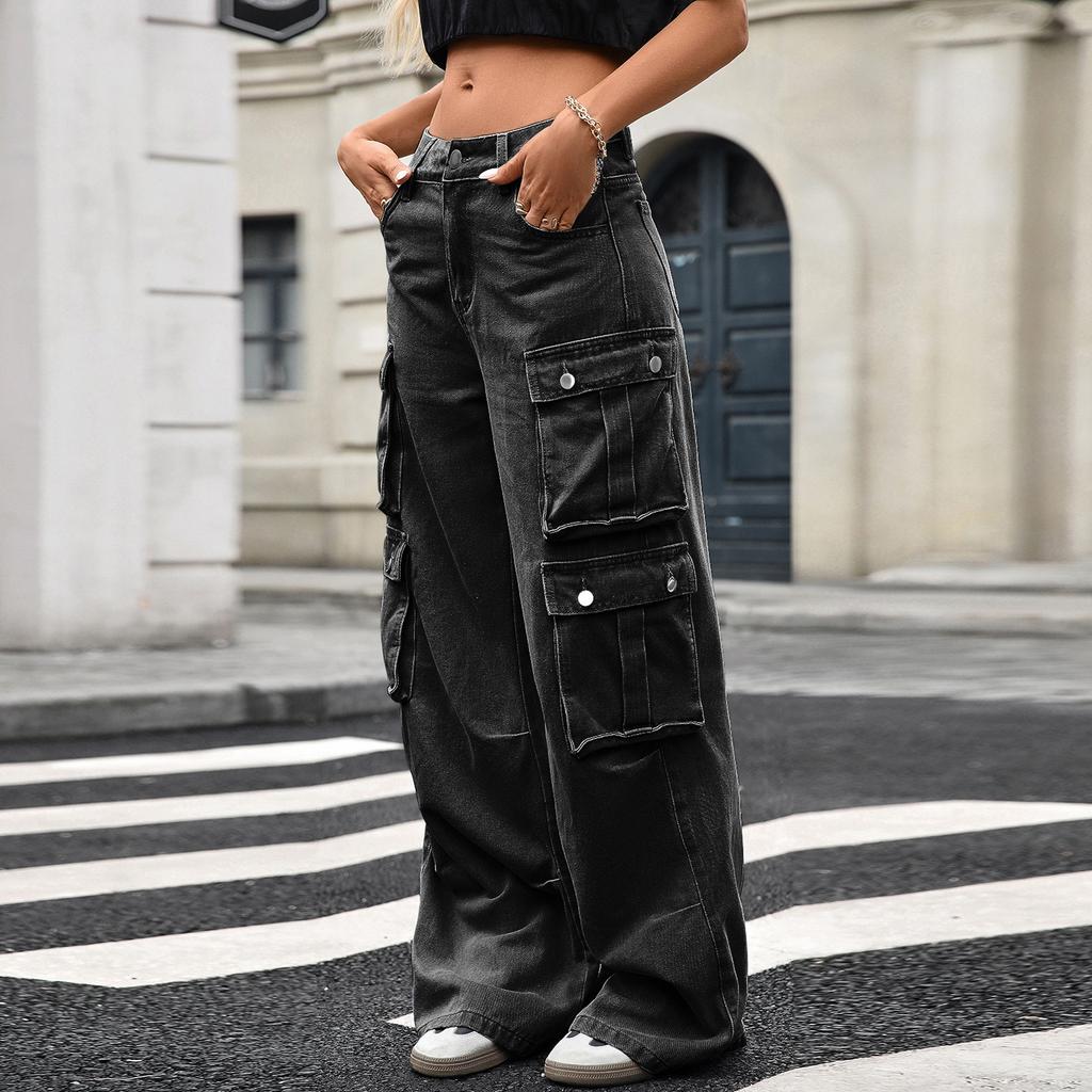 Women's Casual Fashion Solid Color Elastic Waist Pockets Wide Leg Straight Jeans Pants