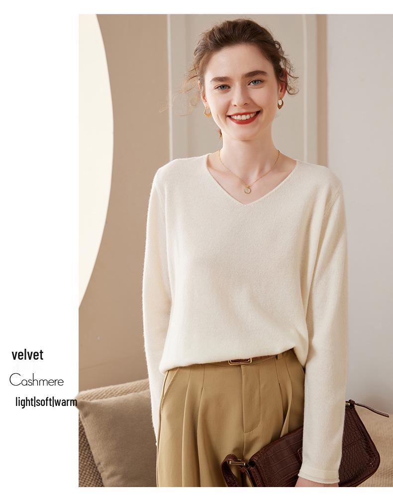 Seamless Pure Cashmere V-Neck Sweater for Women - Versatile, Loose Knit Pullover, Perfect for Autumn and Winter