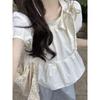 New White Bow Lace Puff Sleeve Shirt for Women Summer Design Pleated Strappy Shirt Women's Top Summer