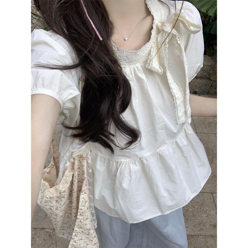 New White Bow Lace Puff Sleeve Shirt for Women Summer Design Pleated Strappy Shirt Women's Top Summer