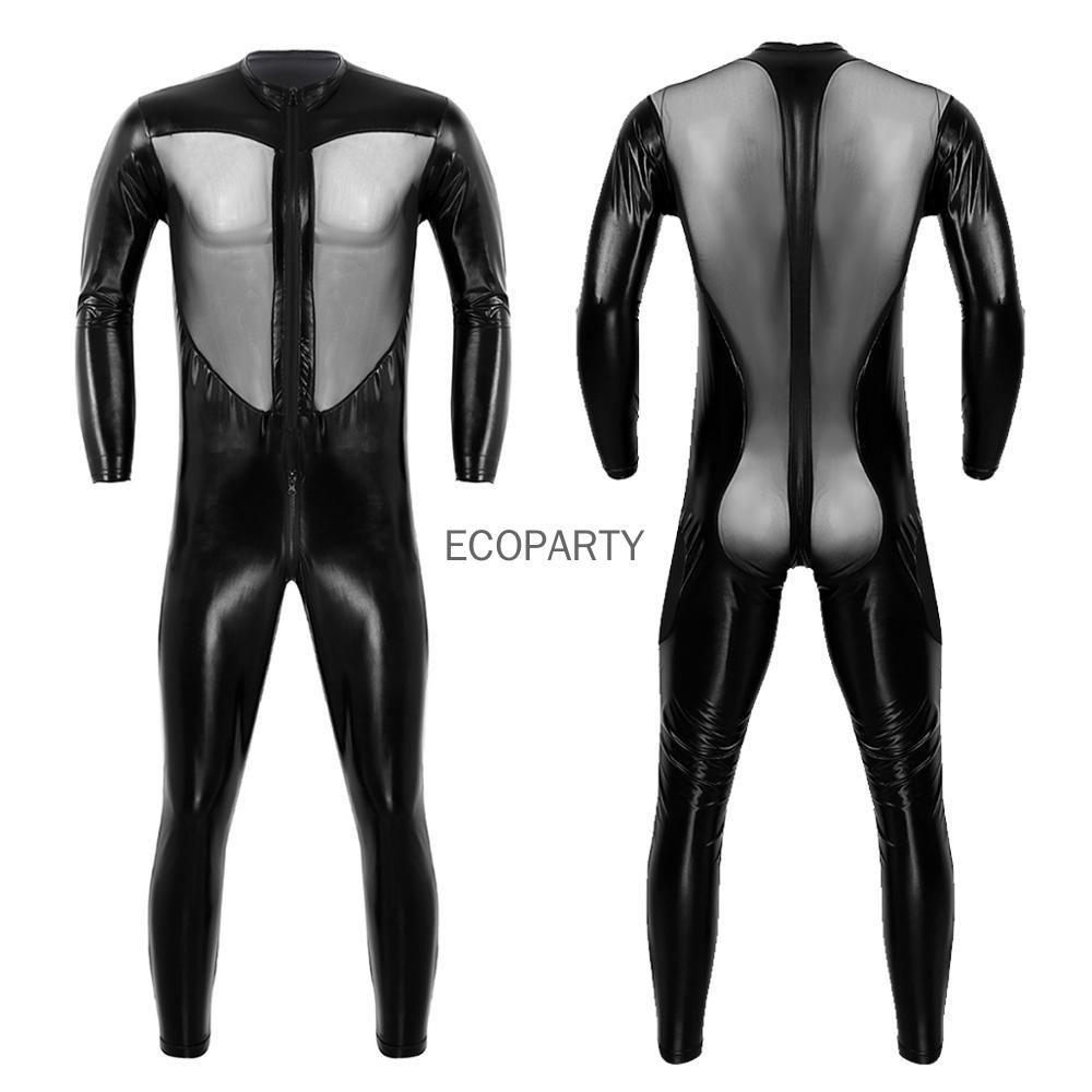 Men Faux Leather Stretch Catsuit Sexy Transparent Mesh Zipper Open Crotch Erotic Tight PVC Bodysuit  Fetish Costumes Ecoparty