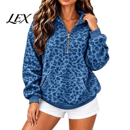 Kadın Oversize Sweatshirt Leopar Desenli Kapüşonlu, Yarım Fermuarlı Kapüşonlu Kanguru Cep Cepli, Sonbahar Uzun Kollu Günlük Kazak Üst İlkbahar Sonbahar