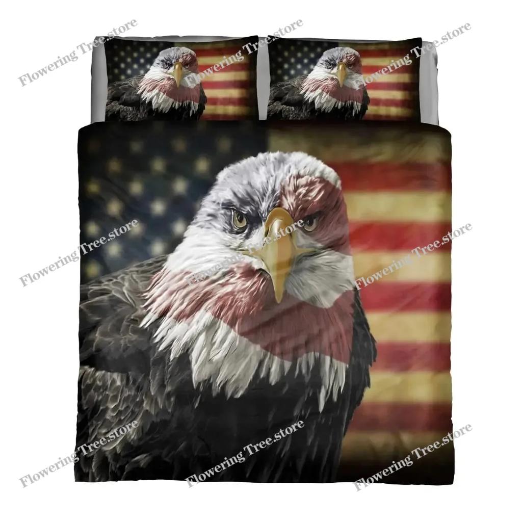 Africa Duvet Cover Set, Aerial View of Bald Eagle Flying USA, Decorative Bedding Set , Full King Size