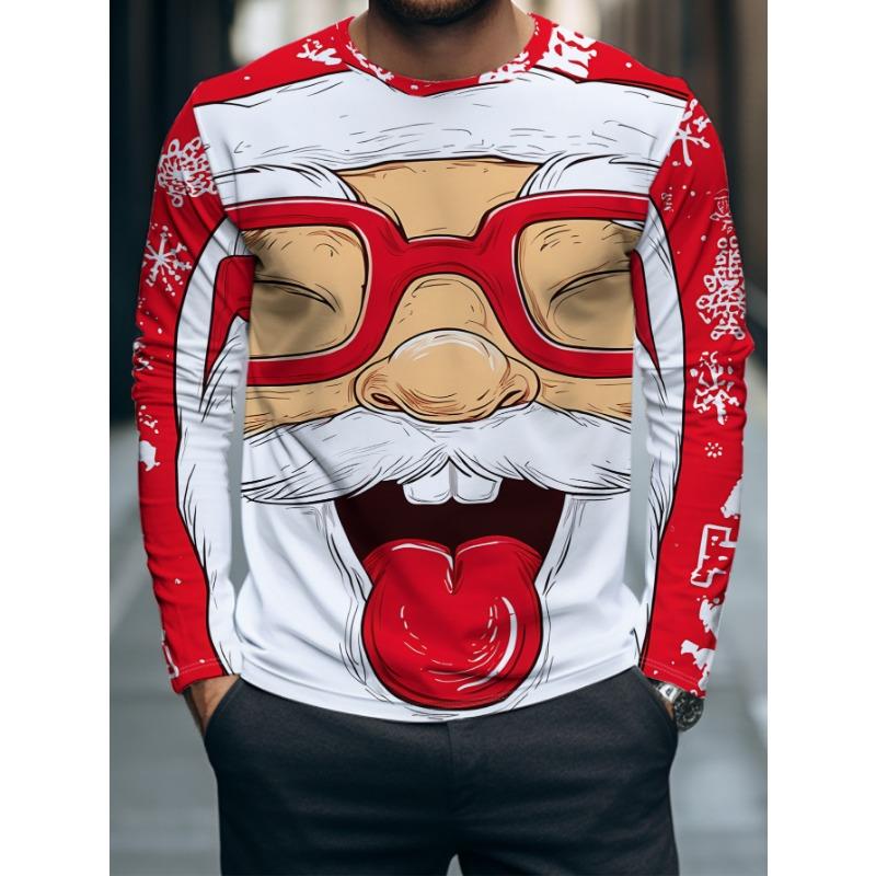 Christmas-Themed Long-Sleeve T-Shirt for Men Made of Comfortable And Breathable Fiber, Featuring a Quirky Santa Claus Print Design