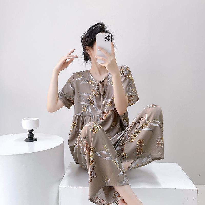 1011 New Spring and Summer Cotton and Silk Pajamas Women's Short-sleeved Trousers Round Neck Thin Fashion Casual Cute Loungewear Cover
