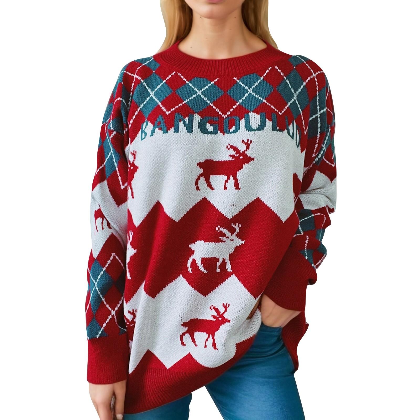 

Женский осенне-зимний модный рождественский свитер с круглым вырезом и длинным рукавом L красный